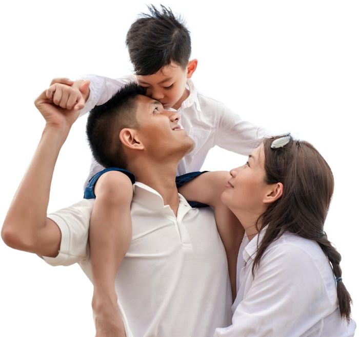 Parents affectionately holding small child on shoulders
